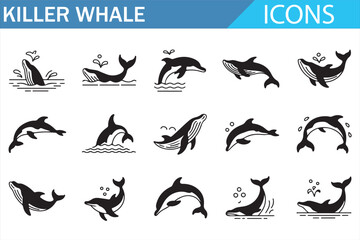 Killer whale and orca line icons set with marine animal silhouettes © MDSUMON