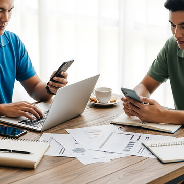 Two men working together on laptops and phones reviewing documents at a table business meeting conce