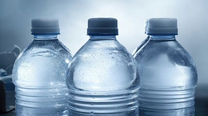 Three clear plastic water bottles with dark blue caps are shown in a studio setting with blue and white lighting