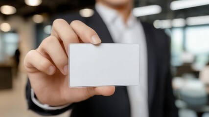 Business card presentation: A person in a formal suit extends a business card, inviting engagement and offering a glimpse into professional networking opportunities.