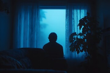 Silhouette of a person sitting near a window, gazing out into a blue-tinted atmosphere, surrounded by soft curtains and a plant, creating a serene and contemplative mood