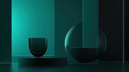 Teal glass objects on platform, abstract background, product display