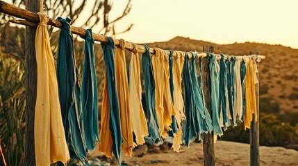 Torn strips of colored fabric tied to makeshift poles in an outdoor arid landscape during twilight