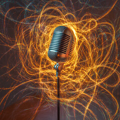 A futuristic neon microphone floating in deep space, glowing with electric blue, hot pink, and violet lines. Intricate digital circuit patterns spiral around the mic, radiating light. The background f