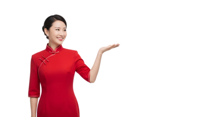 Smiling Asian woman in traditional red cheongsam presenting with open hand on white background.
