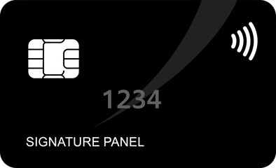 A black credit card with a silver chip and signature panel