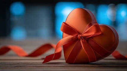 Romantic Gift: A beautifully wrapped heart-shaped gift with a silky ribbon, conveying a sense of romance and affection, set against a blurred background, creating an atmosphere of warmth and love.
