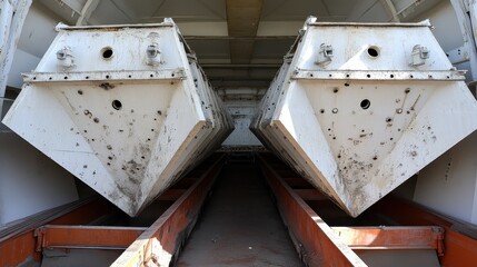 Two large industrial white metal hoppers designed for debris containment systems sit on an orange metal framework in a dimly lit facility