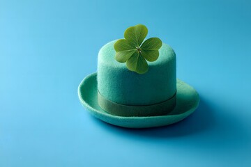 Green felt hat adorned with a vibrant shamrock leaf, resting on a smooth blue surface, symbolizing St Patricks Day celebrations and festive spirit