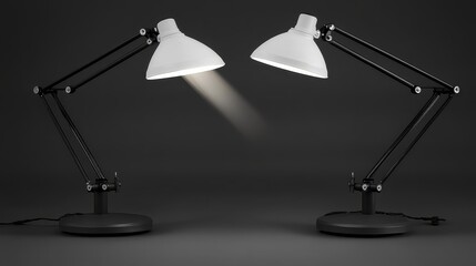 Two modern white adjustable desk lamps emitting focused beams of bright light against a dark background