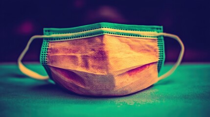 A fresh disposable protective medical face mask with a pink and green color scheme lies unpacked and ready for use