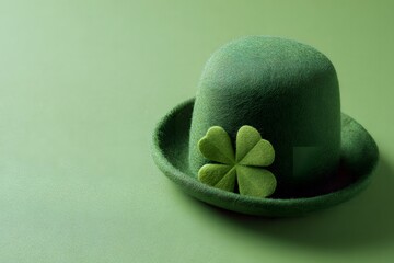 Green felt hat adorned with a shamrock symbol, resting on a soft green surface, representing St Patricks Day celebrations and festive spirit of the holiday season