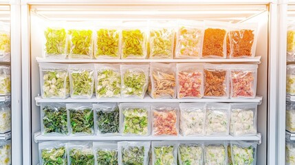 Variety of packaged dried food products and produce displayed on shelves in a retail setting