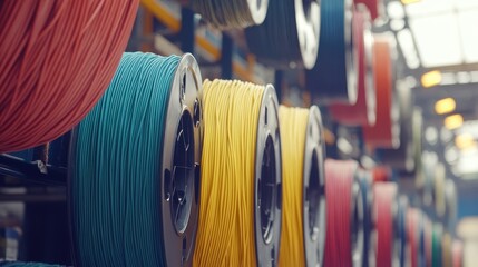 Various spools of colorful strong cord material arranged in a storage display