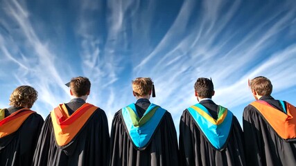 Graduates in gowns face forward to the sky with wispy clouds in formation