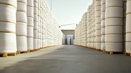 Vast warehouse filled with towering stacks of white industrial rolls under natural light