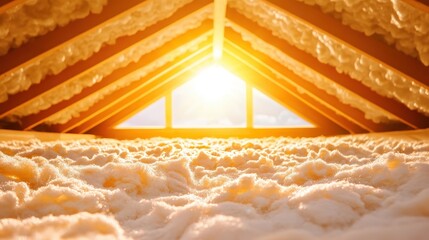 Warm sunlight streams through attic window illuminating fluffy insulation material and wooden roof beams