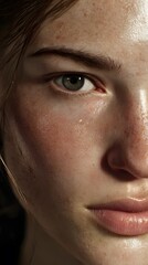 Ultra-realistic close-up portrait of a young woman with freckles, showcasing detailed skin texture and captivating green eyes, emphasizing natural beauty and expression