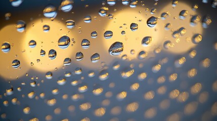 Water droplets reflecting sunlight on a glass pane