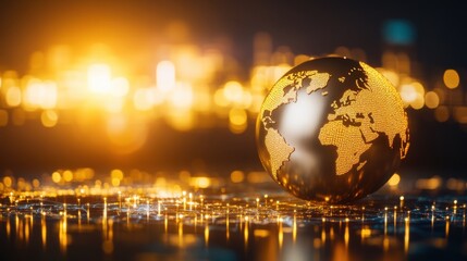 A gleaming golden globe rests on a surface illuminated by countless bright city lights creating a bokeh effect