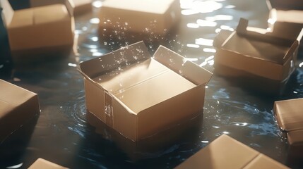 Waterlogged cardboard boxes succumbing to decay floating in a dark liquid surface with scattered particles