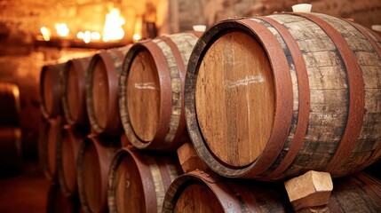 Weathered wooden wine barrels stacked inside a cellar
