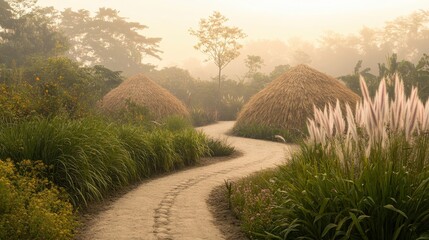Winding dirt path leads to thatched earth shelters nestled among lush green vegetation and trees in a misty morning landscape