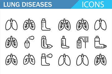 Lung diseases line icons set including respiratory system, pneumonia, asthma, tuberculosis, cancer, diagnosis, medical treatment, healthcare symbols and pulmonary care illustrations
