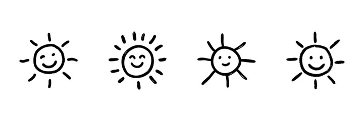 Obraz premium Smiling Sun Faces Line Icon Set In Doodle Style. Cheerful Weather, Happiness, And Positivity Symbols Outline Sketch Collection. Hand Drawn Isolated Vector Illustration