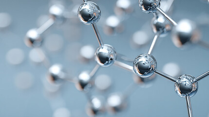 Elegant silver molecular structure 3D rendering, symbolizing cosmetic formulas, scientific innovation, and product development, ideal for beauty and skincare visuals