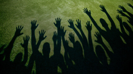 Shadows of many raised hands projected onto the green grass of a stadium concept of victory celebration and support