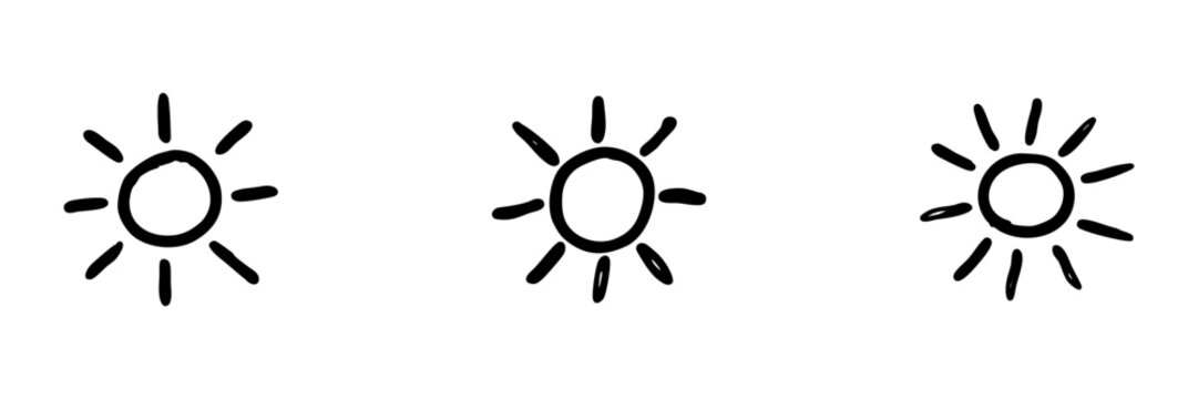 Three Sun Icons In Doodle Style. Weather, Sunshine, And Brightness Symbols Outline Sketch Collection. Hand Drawn Isolated Vector Illustration