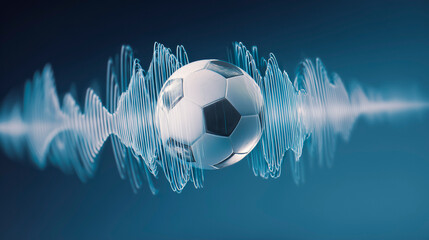 Soccer ball surrounded by digital sound waves and abstract audio frequencies, concept of rhythm and global communication