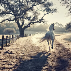A majestic American Saddlebred in full parade tack, tail arched and legs prancing high, gliding across a show ring. Shot in 8K ultra high-resolution with hyperreal color depth and a shallow depth of f
