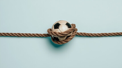 Soccer ball tied with a hemp rope knot on a light blue background, concept of restriction and sporting pressure