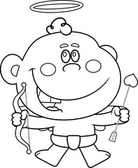 Playful Cupid Baby Cartoon Character Holding Bow And Heart Arrow &ndash; Black and White Vector Hand Drawn Illustration Isolated On Transparent Background