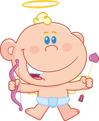 Happy Cupid Baby Cartoon Character Jumping With Bow And Heart Arrow &ndash; Vector Hand Drawn Illustration Isolated On Transparent Background