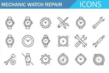 Mechanic watch repair line icons set including wristwatch parts, clock tools, time adjustment, maintenance service, horology equipment and precision repair symbols