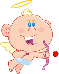 Funny Cupid Baby Cartoon Character Flying With Bow And Heart Arrow &ndash; Vector Hand Drawn Illustration Isolated On Transparent Background