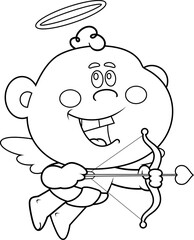 Happy Cupid Baby Cartoon Character Flying With Bow And Heart Arrow &ndash; Black and White Vector Hand Drawn Illustration Isolated On Transparent Background