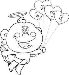Playful Cupid Baby Cartoon Character With Love Balloons &ndash; Black and White Vector Hand Drawn Illustration Isolated On Transparent Background