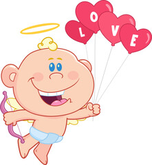 Lovely Cupid Baby Cartoon Character Holding Heart Balloons Flying Cheerfully &ndash; Vector Hand Drawn Illustration Isolated On Transparent Background