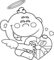 Happy Cupid Baby Cartoon Character Holding Heart Gift &ndash; Black and White Vector Hand Drawn Illustration Isolated On Transparent Background