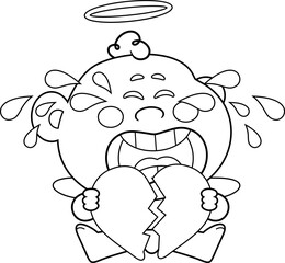 Heartbroken Cupid Baby Cartoon Character Crying Loud And Holding Broken Heart &ndash; Black and White Vector Hand Drawn Illustration Isolated On Transparent Background