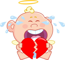 Crying Cupid Baby Cartoon Character Holding Broken Heart And Screaming Loud &ndash; Vector Hand Drawn Illustration Isolated On Transparent Background