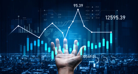 A hand reaches towards dynamic financial graphs and charts glowing in a vibrant cityscape background, representing growth and investment opportunities in business. Scalp