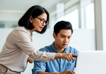 A middle-aged Latin female manager with glasses teaching a young Asian male worker at a laptop positioned to the left against a light background