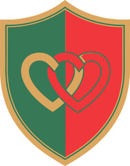 Shield logo with heart symbol in green red and gold colors