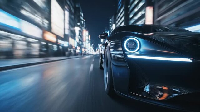 Dynamic motion blur captures a dark, futuristic sports car speeding through a neon-lit city street at night.