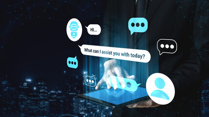 A business professional explores a chatbot interface on a tablet, highlighting modern technology role in communication and customer service within an urban setting. Gantry